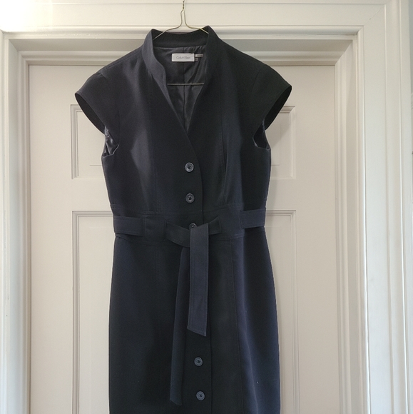 Black Calvin Klein knee length belted dress 10 EUC - Picture 1 of 3